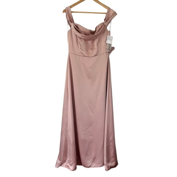 DESSY BRIDESMAIDS Lux Charmeuse Off Shoulder Gown Toasted Sugar Size 10 NWT - Picture 1 of 16